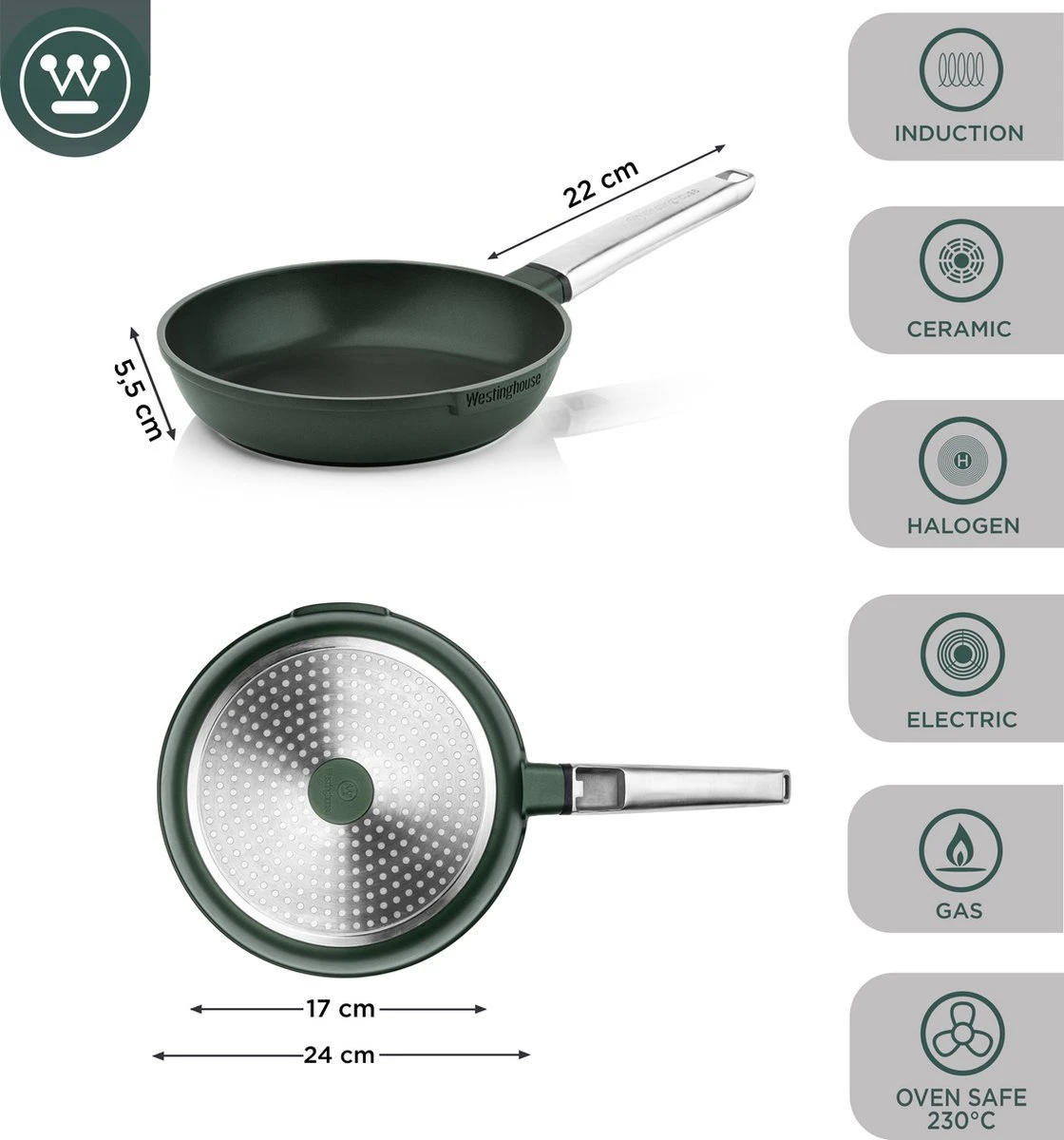 Westinghouse Pannenset - Performance Series Koekenpan 24cm + Koekenpan 28cm - Groen - Koekenpannenset 2-delig - Geschikt Voor Alle Warmtebronnen Inclusief Inductie 9 Westinghouse Pannenset - Performance Series Koekenpan 24cm + Koekenpan 28cm - Groen - Koekenpannenset 2-delig - Geschikt Voor Alle Warmtebronnen Inclusief Inductie - Afbeelding 7
