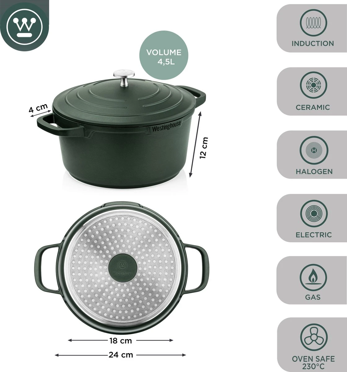 Westinghouse Performance Series Braadpan Inductie - 24cm Kookpan - Oven Geschikt - Groen 6 Westinghouse Performance Series Braadpan Inductie - 24cm Kookpan - Oven Geschikt - Groen - Afbeelding 4