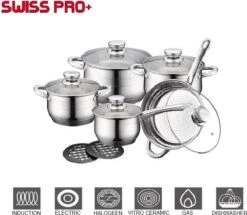 Swiss Pro + Pannenset - 12 Delig - RVS - 1230 - Roestvrijstalen Kookgerei 18/10-