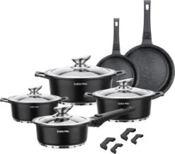 Swiss Pro+ | Set 14 Delige Pannenset | Inductie - Pannensets - Glazen Deksel - Met Afneembare Handgreep - Marmeren Interieur -PFAS-vrij | Black (Zwart) -Eersteklas Kookgereiwinkel 1200x1061