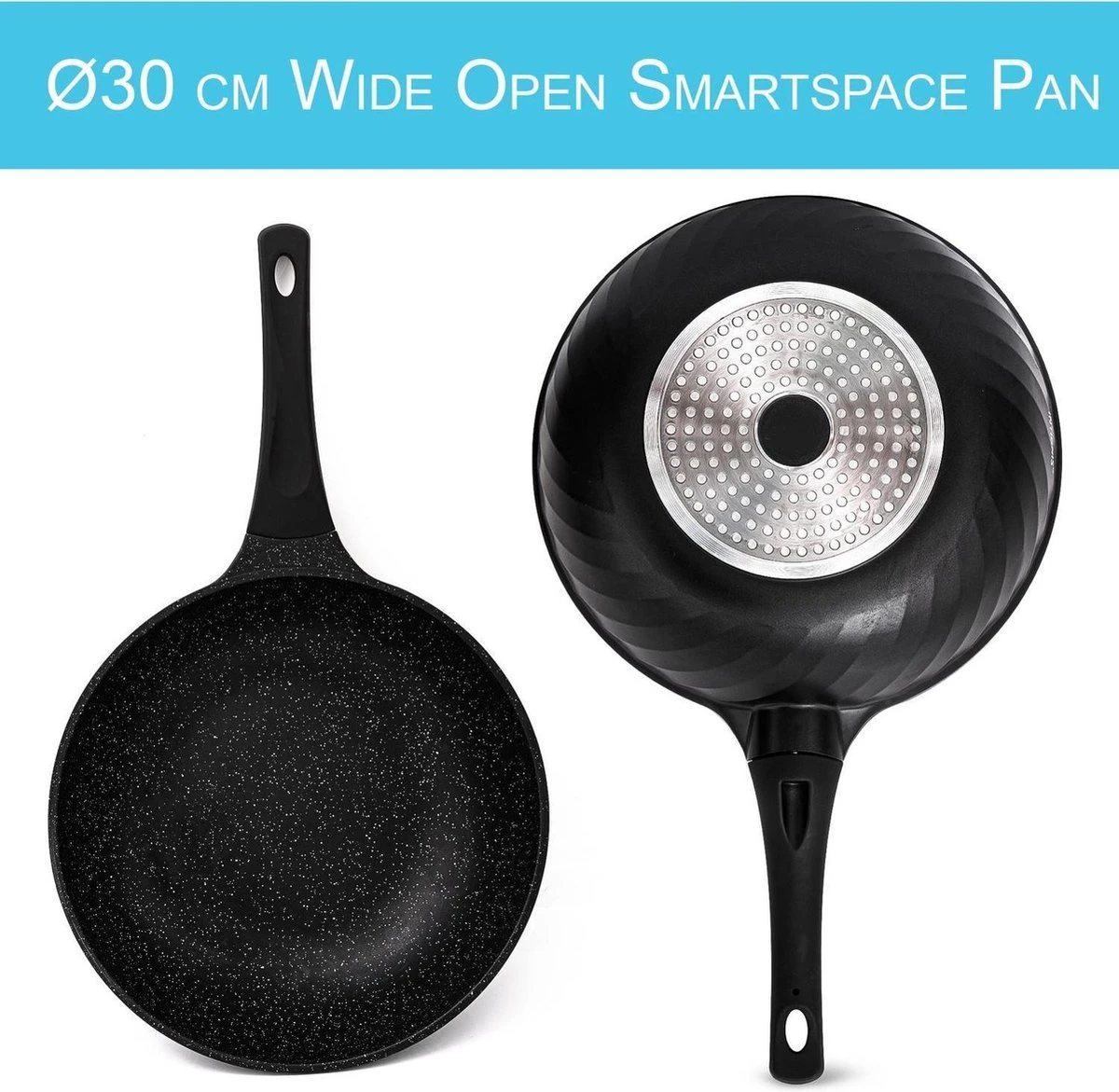 Marble Coating Wokpan Inductie - Met Glazen Deksel - Zwart - 30 Cm 4 Marble Coating Wokpan Inductie - Met Glazen Deksel - Zwart - 30 Cm - Afbeelding 2