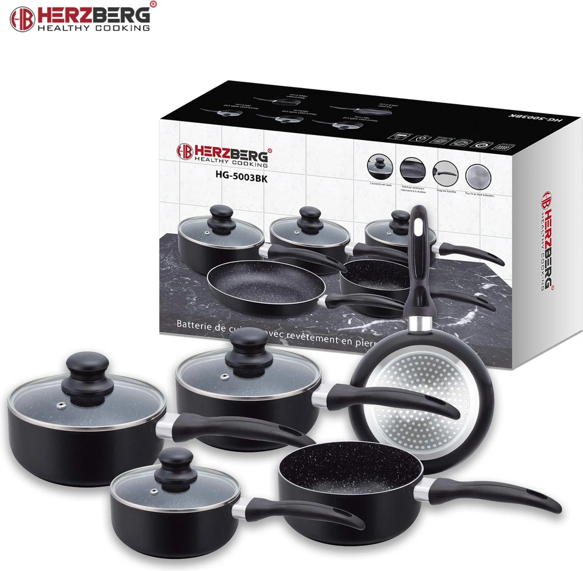 Herzberg HG-5003BK: 8 Pieces Marble Cookware Set - Black 5 Herzberg HG-5003BK: 8 Pieces Marble Cookware Set - Black - Afbeelding 3