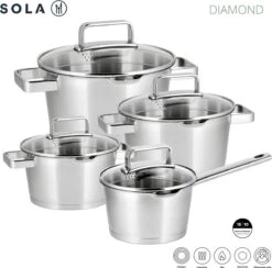 Sola Pannenset Diamond - 4 Delig - Ø 16,16,18,20 Cm - Zilver - RVS - Sandwichbodem 21 Sola Pannenset Diamond - 4 Delig - Ø 16,16,18,20 Cm - Zilver - RVS - Sandwichbodem -Eersteklas Kookgereiwinkel 1200x1183