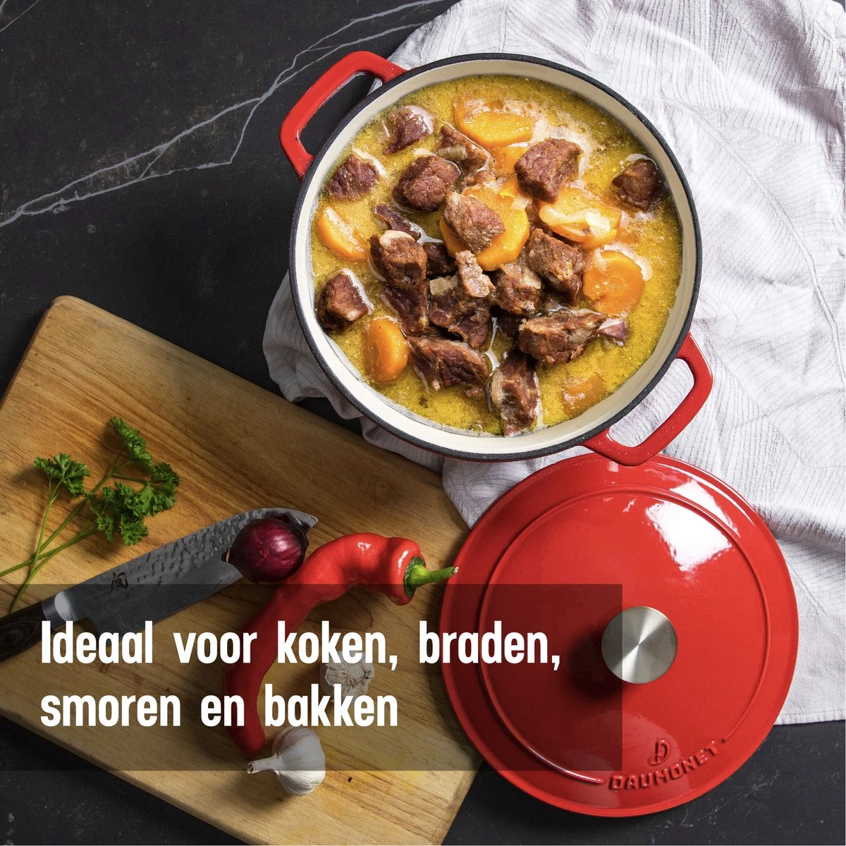 Daumonet Carême Rouge Gietijzeren Braadpan - Sudderpan Kersen Rood - Rond - Ø26 Cm - 4,4 Liter - PFAS & PFOA Vrij - Emaille - Geschikt Voor Alle Warmtebronnen - Elektrisch - Gas - Halogeen - Inductie - Keramisch - Vaatwasserbestendig 6 Daumonet Carême Rouge Gietijzeren Braadpan - Sudderpan Kersen Rood - Rond - Ø26 Cm - 4,4 Liter - PFAS & PFOA Vrij - Emaille - Geschikt Voor Alle Warmtebronnen - Elektrisch - Gas - Halogeen - Inductie - Keramisch - Vaatwasserbestendig - Afbeelding 4