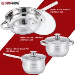 Herzberg Pannenset – 12-Delig – Voor Inductie En Gas – Vaatwasser Bestendig – RVS Met Glazen Deksels -Eersteklas Kookgereiwinkel 1200x1200
