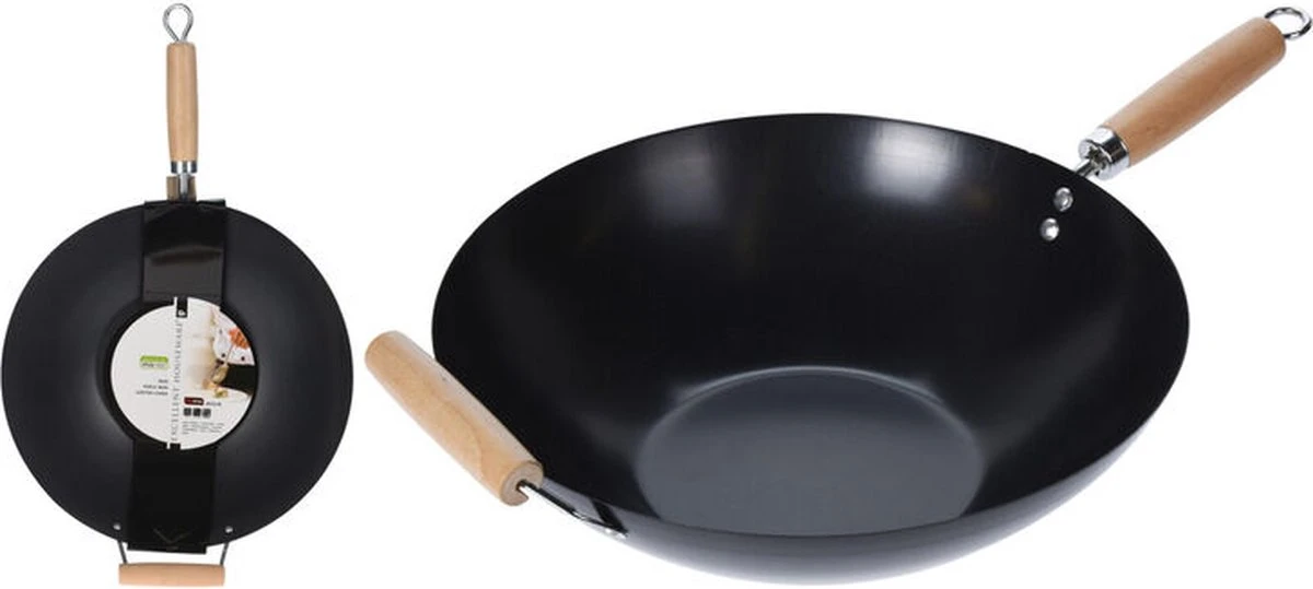 Wok Carbon Staal Ø35cm Houten Handgreep Wokpannen 3 Wok Carbon Staal Ø35cm Houten Handgreep Wokpannen