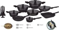 Royal Swiss® - Set Lot 33-delige - Pannenset Inductie - Steengoeden - Afneembare Handgreep - Glazen Deksel - Geschikt Voor Oven - PFAS-vrij + Keukengerei -Eersteklas Kookgereiwinkel 1200x608