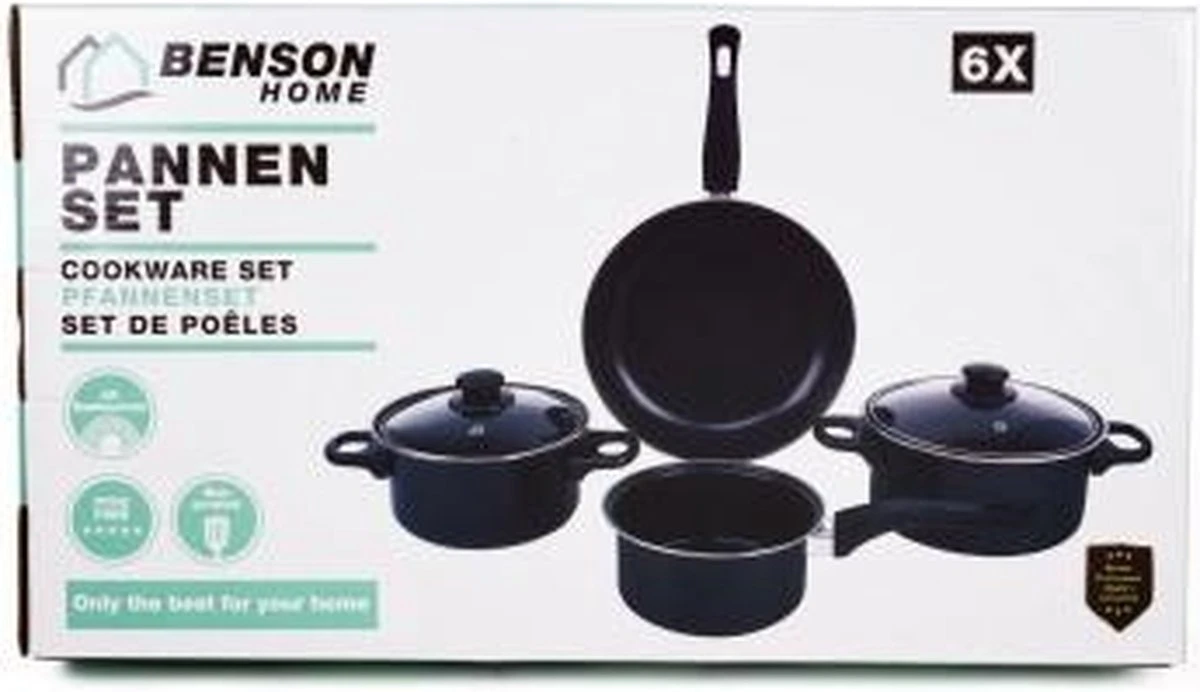 Benson Pannenset 6 Delig - Carbon Staal 0,8 Mm Met Glazen Deksels 4 Benson Pannenset 6 Delig - Carbon Staal 0,8 Mm Met Glazen Deksels - Afbeelding 2