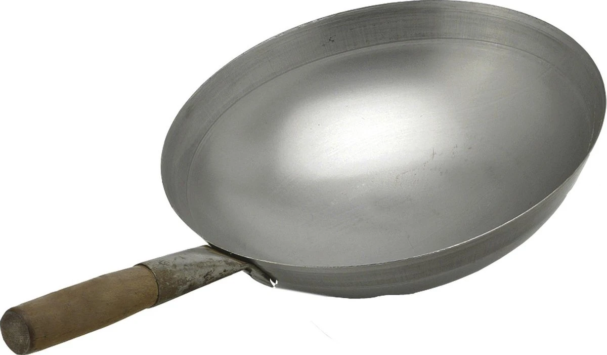 Stalen Wokpan - Ø 33 Cm - Houten Handvat - Ronde Bodem - Traditioneel - Exclusief Wokring 3 Stalen Wokpan - Ø 33 Cm - Houten Handvat - Ronde Bodem - Traditioneel - Exclusief Wokring