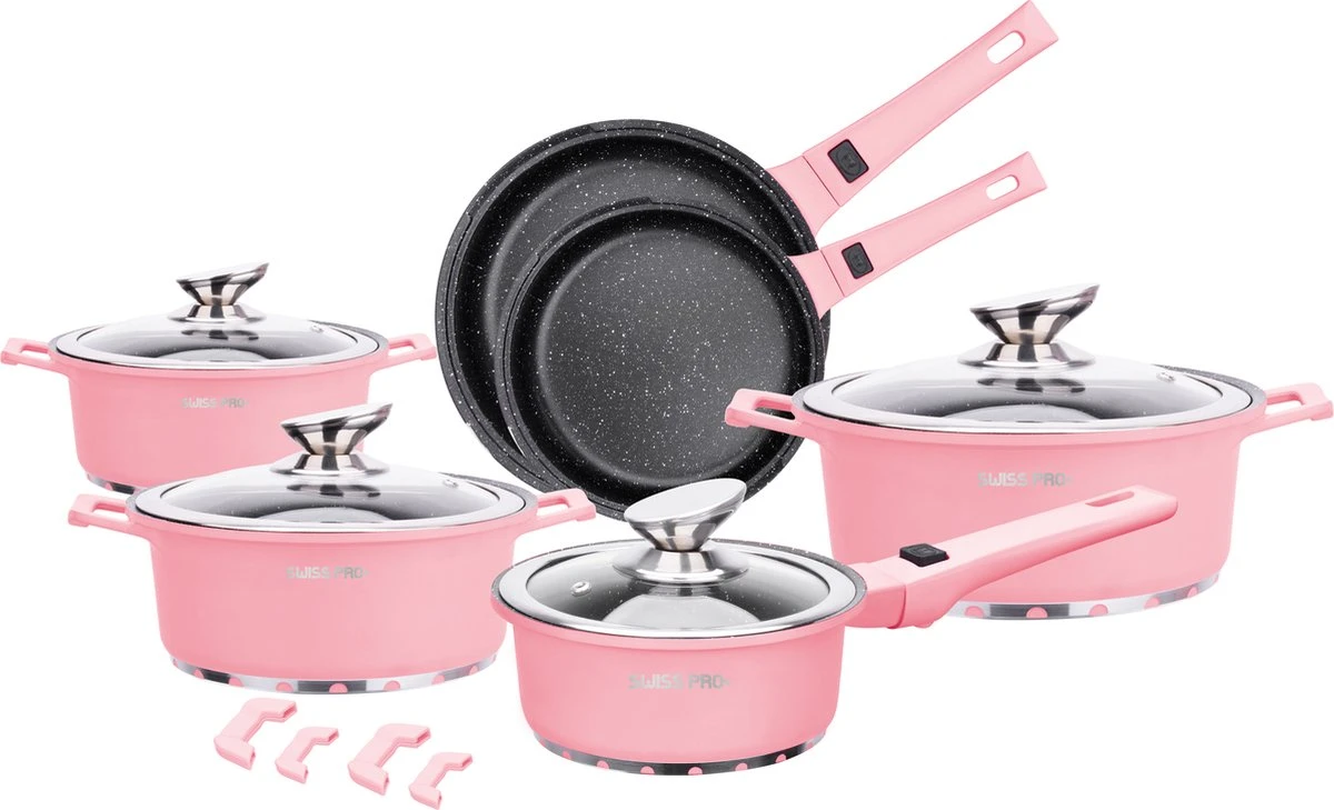 Swiss Pro+ | Set 14 Delige Pannenset | Inductie - Pannensets - Glazen Deksel - Met Afneembare Handgreep - Marmeren Interieur -PFAS-vrij | Pink 3 Swiss Pro+ | Set 14 Delige Pannenset | Inductie - Pannensets - Glazen Deksel - Met Afneembare Handgreep - Marmeren Interieur -PFAS-vrij | Pink