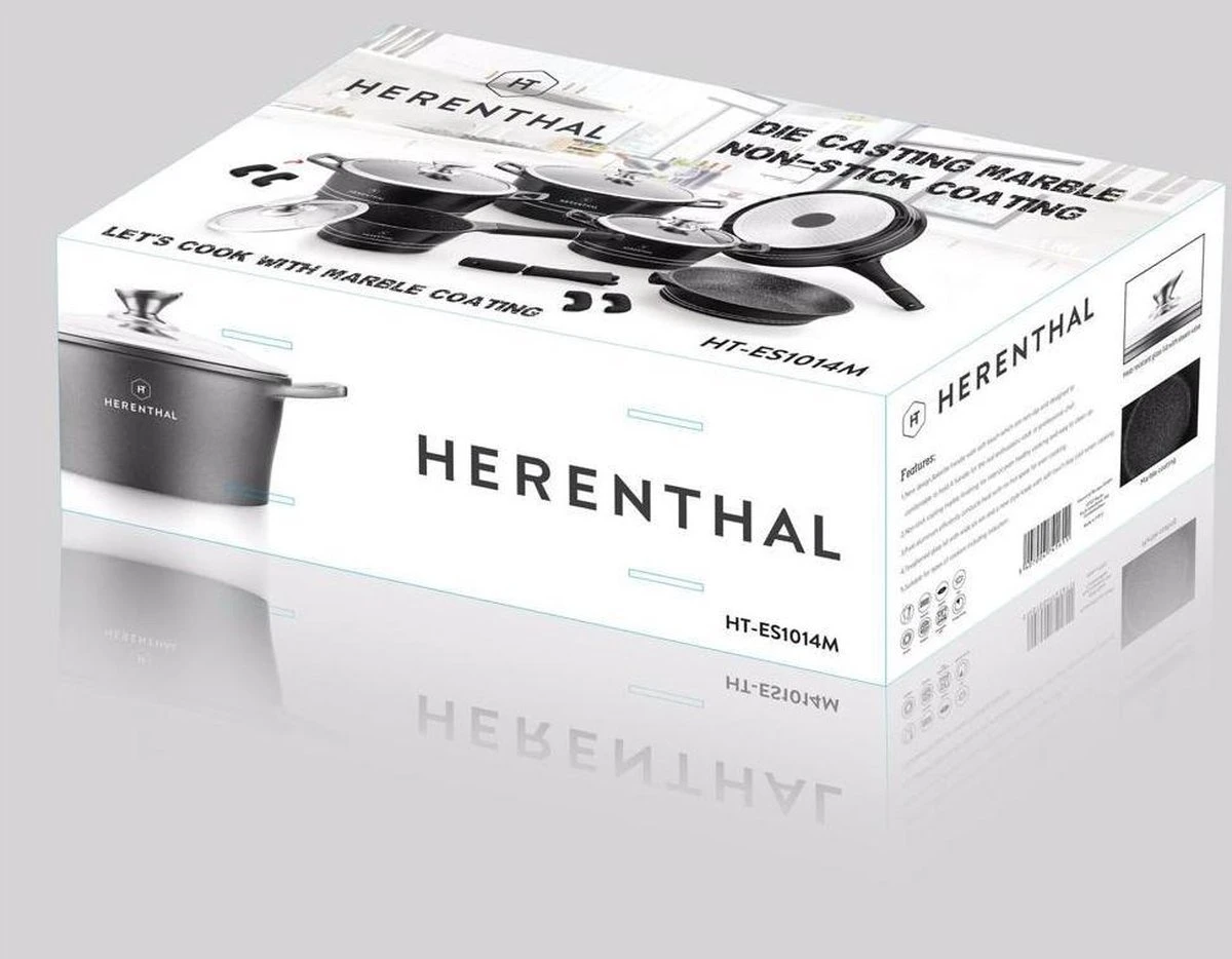 Herenthal Luxe Pannenset - 14-delig - Glazen Deksel - Inductie - Marmeren Coating - PFAS-vrij - Zwart - ES1014M 6 Herenthal Luxe Pannenset - 14-delig - Glazen Deksel - Inductie - Marmeren Coating - PFAS-vrij - Zwart - ES1014M - Afbeelding 4