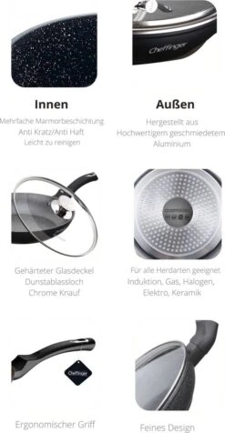 Cheffinger Koekenpan - Met Deksel - Marmeren Coating - 26 Cm - Zwart -Eersteklas Kookgereiwinkel 623x1200